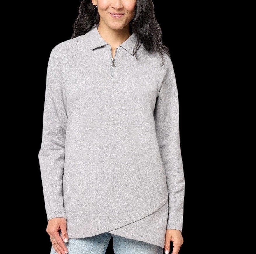 Sport Savvy Women’s Top Sz XS French Terry Quarter Zip Tulip Hem Gray A609790