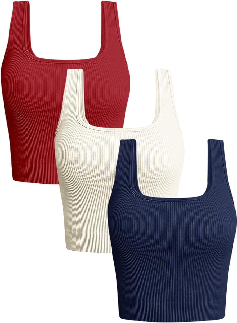 Womens 3 Pack Crop Tank Tops Basic Seamless Ribbed Sleeveless Square Neck Top