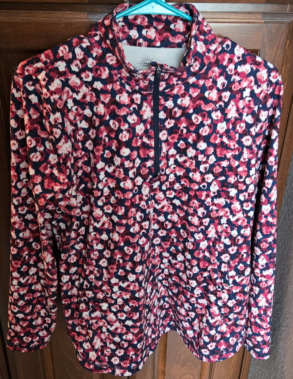 EUC – T by Talbots Pullover Top LP Polyester/Spandex Navy Floral – 1/4 Zip-up