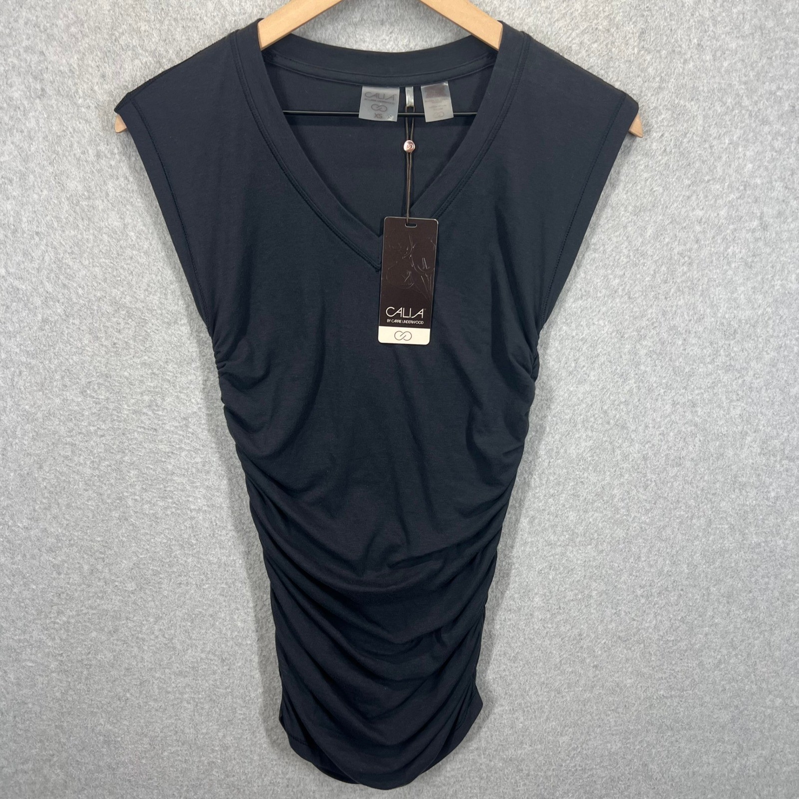 Calia SS Jersey Tunic Women XS Caviar Black Ruched V-Neck NWT WAX00050