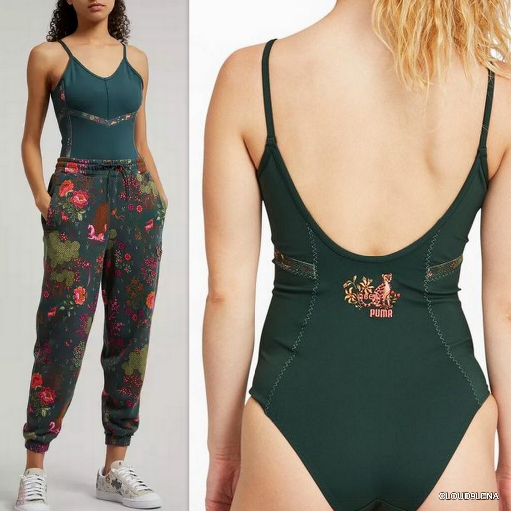 NWT PUMA x LIBERTY Forever Luxe Training Leotard Bodysuit Green Gables L $90