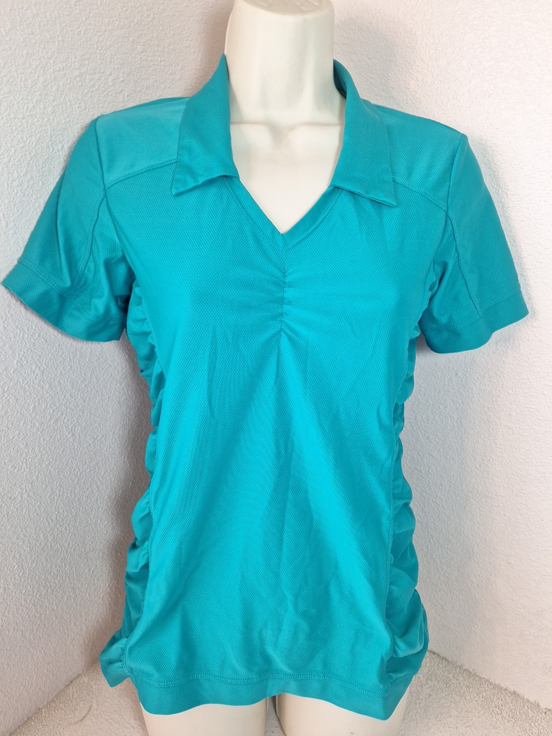 Athleta Top Womens Small Birdie Polo Teal Golf Tennis Pickleball Ruched Shirt