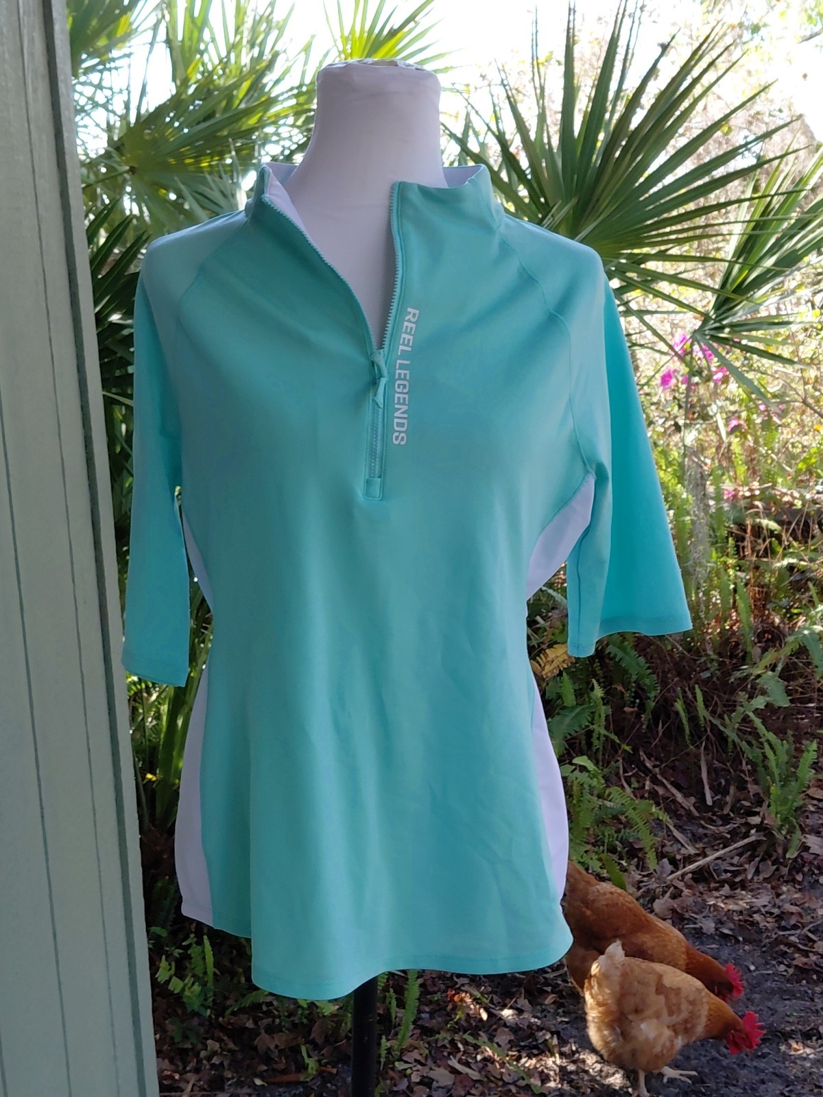 Reel Legends Performance Rash Guard Top Sz L Aqua Blue 1/4 Zip Front Fish Swim