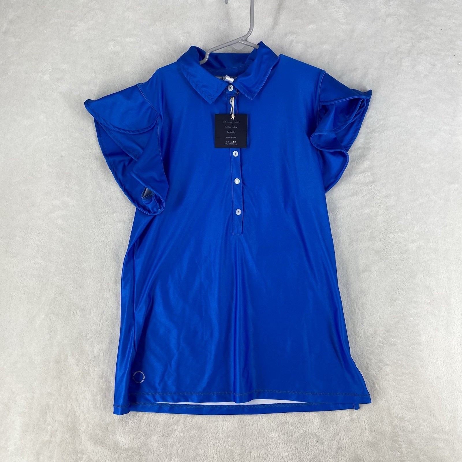The Bubble Shirt Womens Small Flutter Sleeve Polo Tennis Golf Top Blue NEW $116