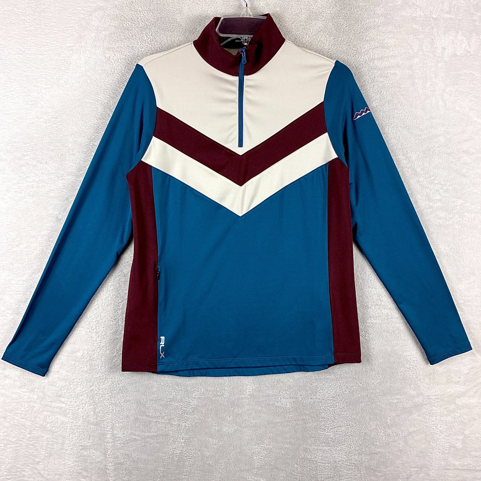 RLX Ralph Lauren Womens M Cricket 1/4 Zip Pullover Blue White Red Chevron Golf