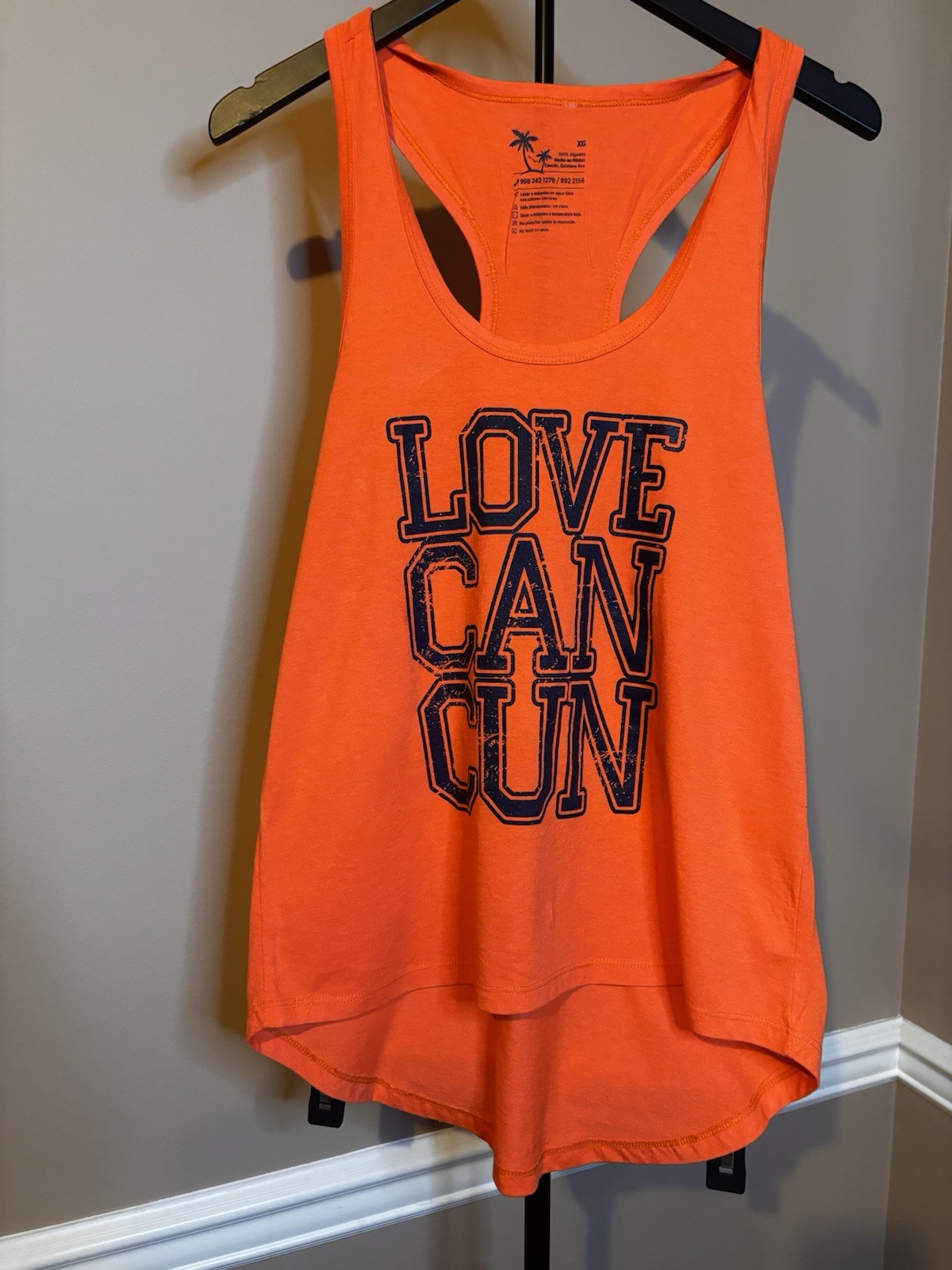 Womens Orange Racerback Cotton Tank XL Scoop Neck Graphic “LOVE CAN CUN”