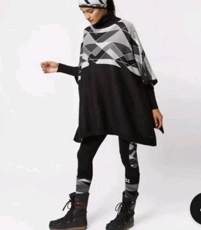 EUC Sweaty Betty Knit Poncho Sweater Ski Jumper BLACK GREY OS Wool Blend