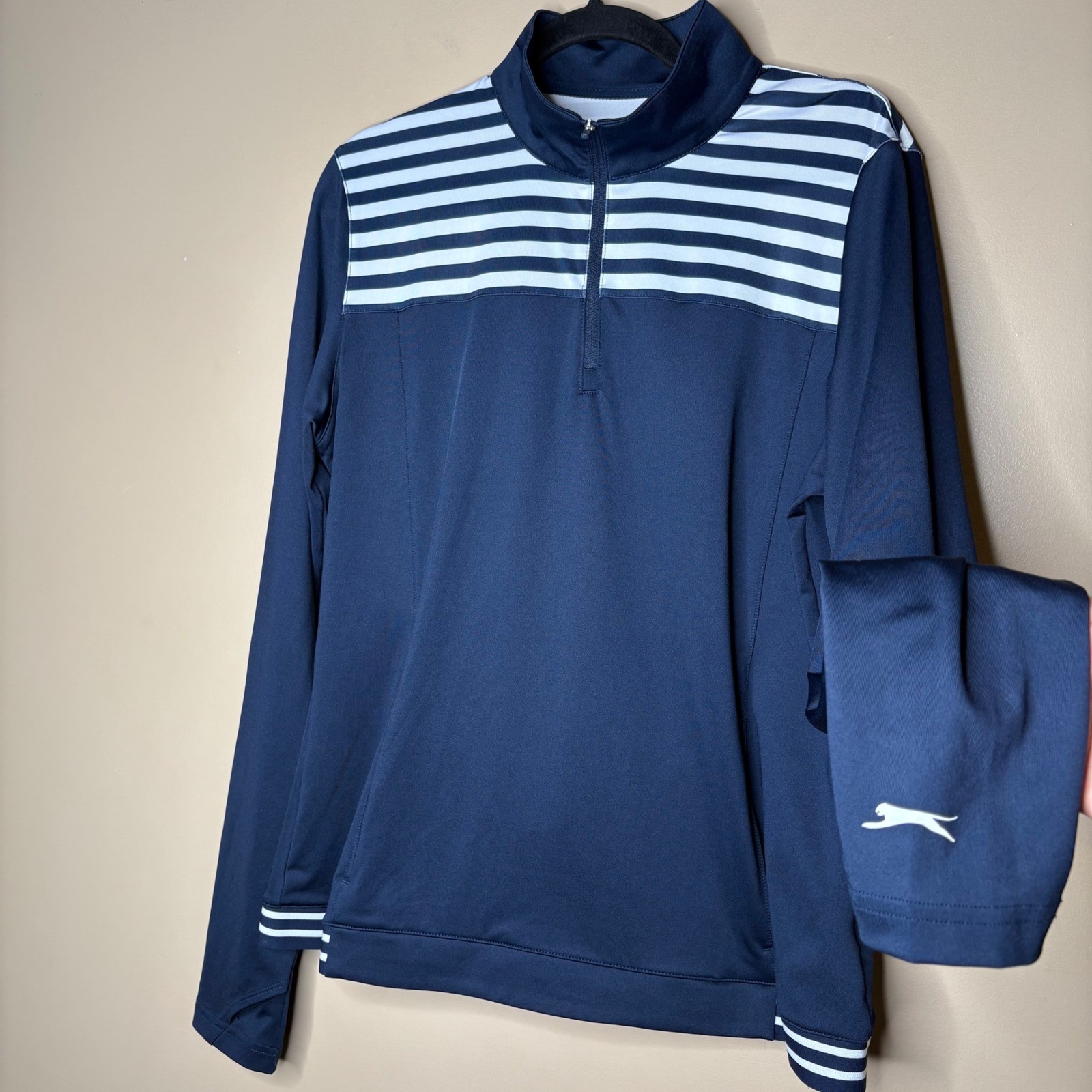 Slazenger Golf Womens Navy Blue Striped 1/4 Zip Pullover Thumbhole Large Golf