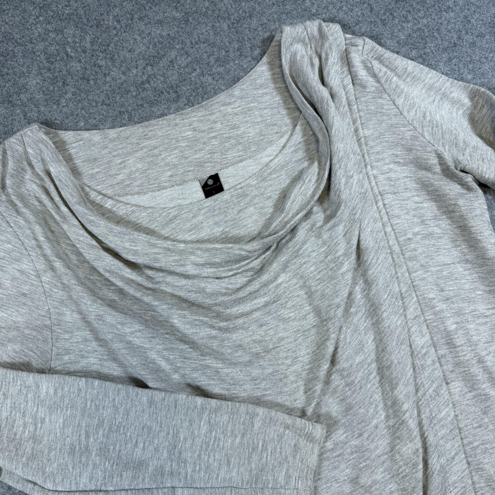 Yogalicious Pullover Womens Large Gray Cowl Neck Asymmetrical Hem Long Sleeve