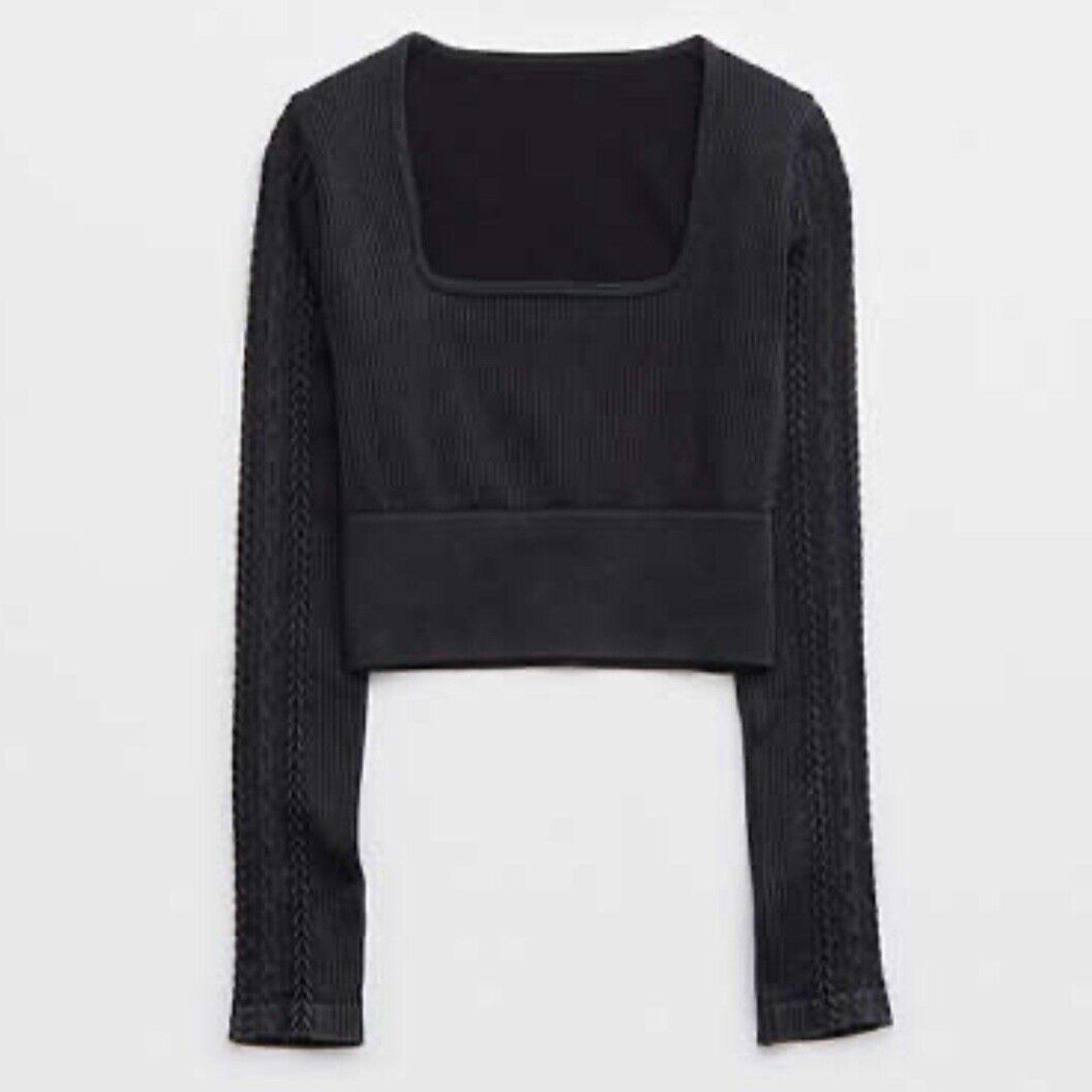 New OFFLINE By Aerie Seamless Cable Square Neck Tee Shirt Black Size Medium