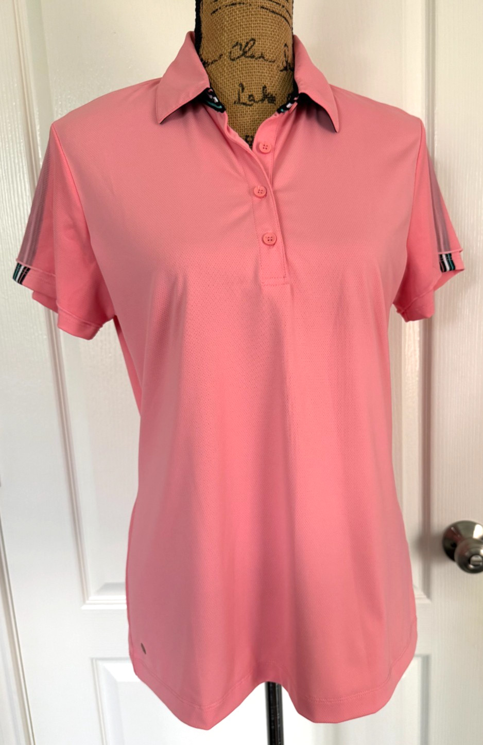 EP Polo Top Golf Pickleball Tennis Short Sleeve Pink Mesh Overlay Stripes L