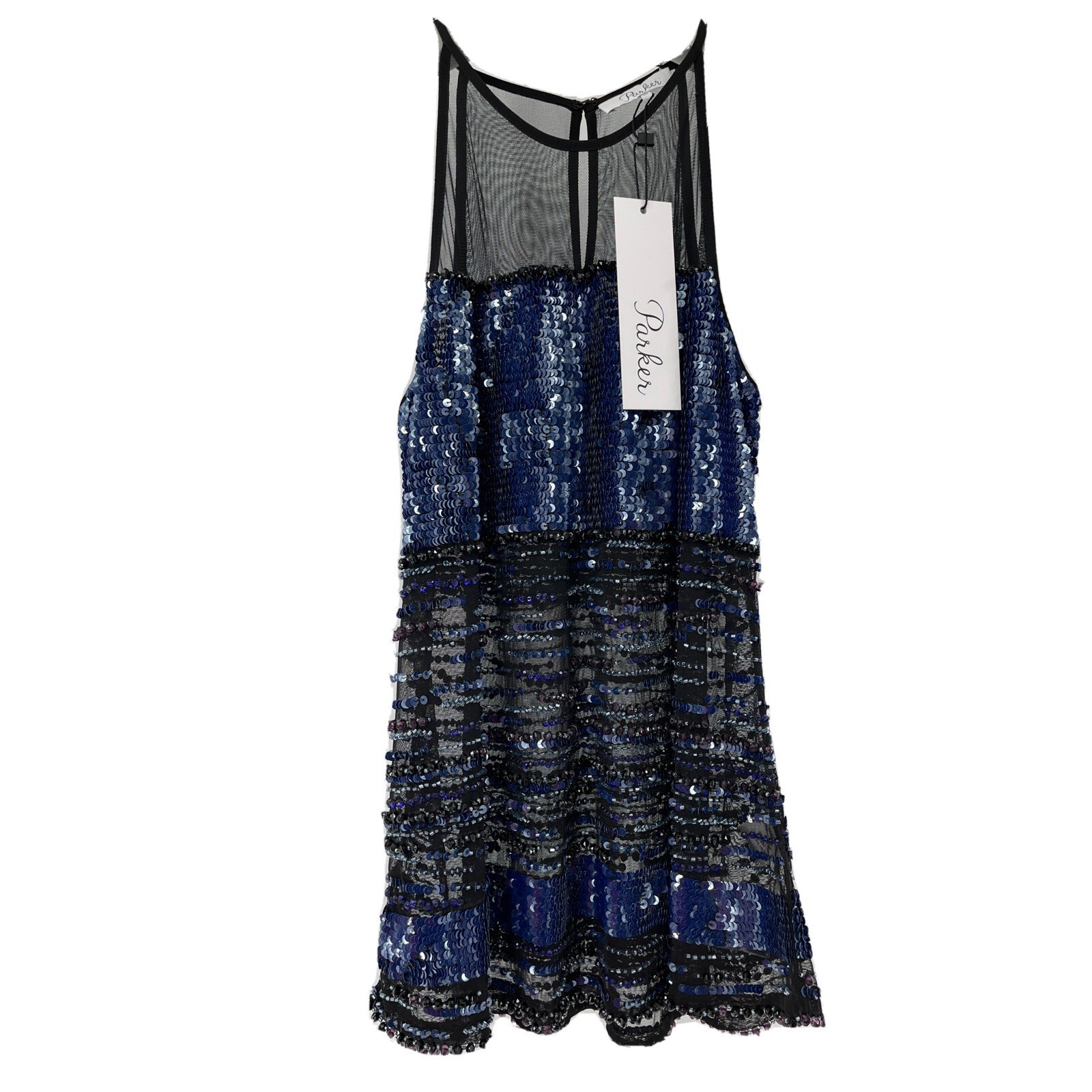 Parker Vineyard Sequin Mesh Tank Navy Black Beaded Cocktail XS NWT