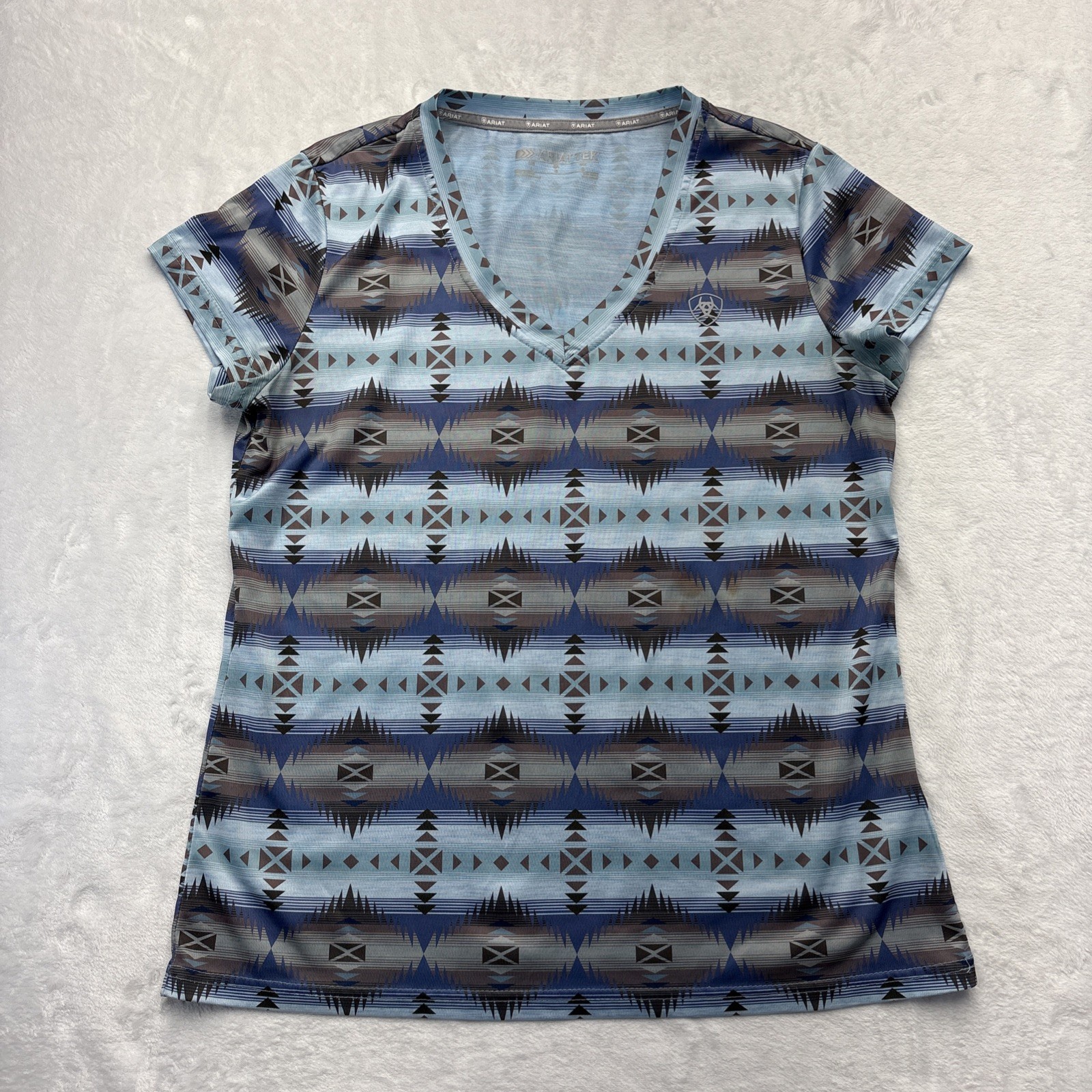 Ariat AriatTEK Womens L Aztec AOP V-Neck Tee Western Cowgirl Ranch Blue