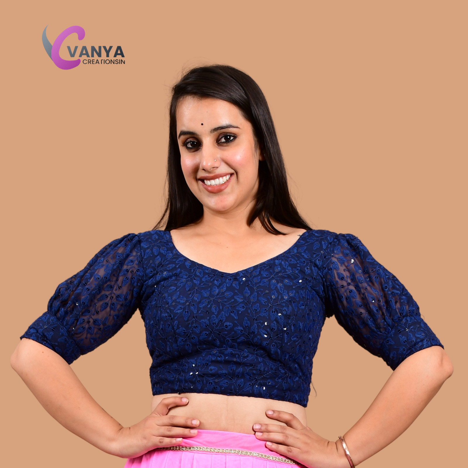 Chikankari embroidery Round-Neck Sleeves Saree Blouse – Non-Padded