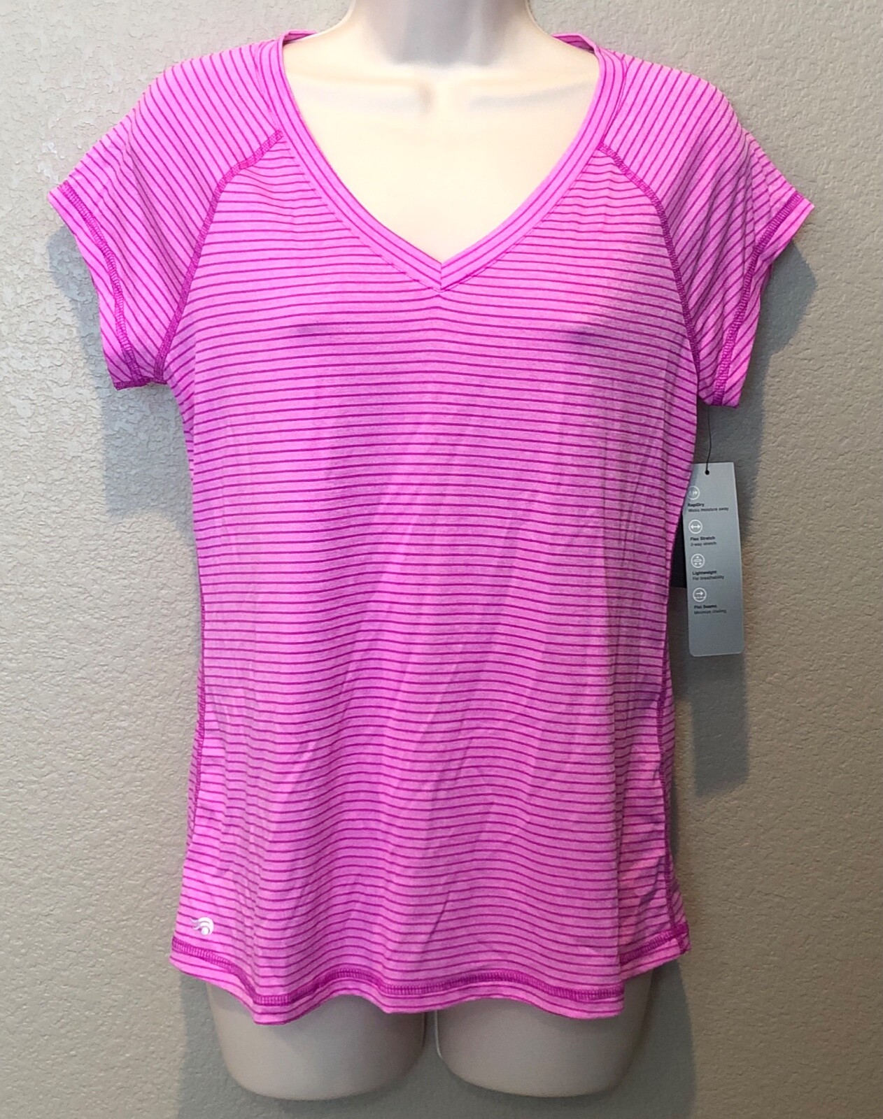 (NWT) Ideology Pink Striped V-Neck Rapi-Dry Flex Stretch T-Shirt, Sweet Tart S