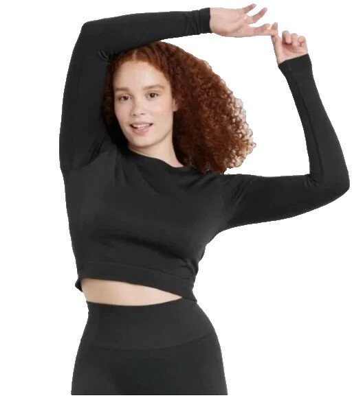 All In Motion Womens Size S Ribbed Stretch Crop Top Long Sleeve Seamless Black