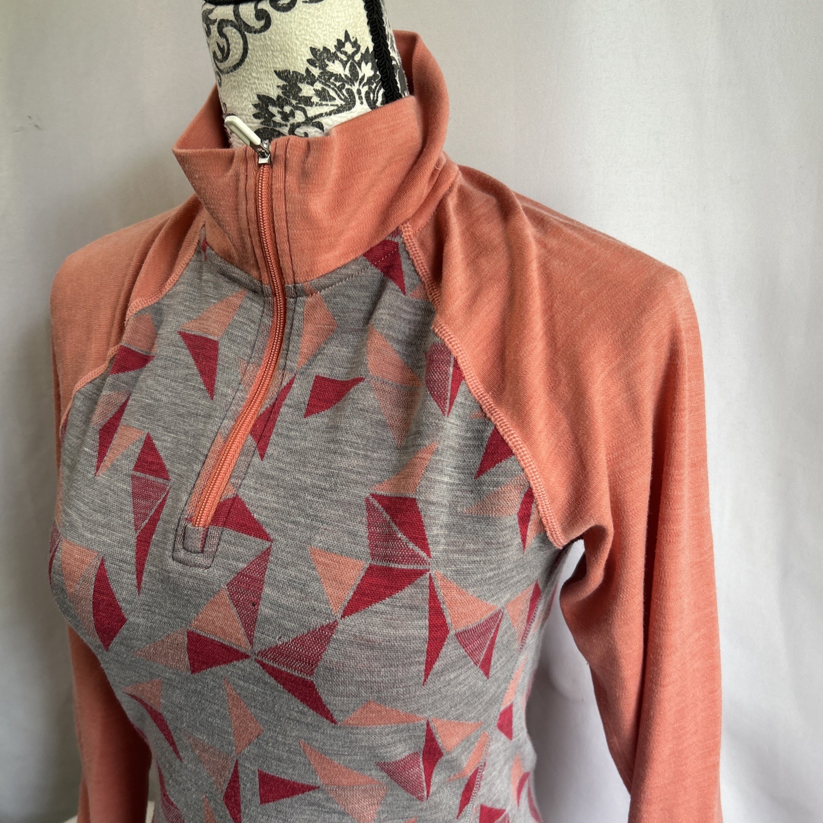 Smartwool Merino 250 Baselayer Pattern Quarter Zip Women Sz M Orange Gray👀 SEE*