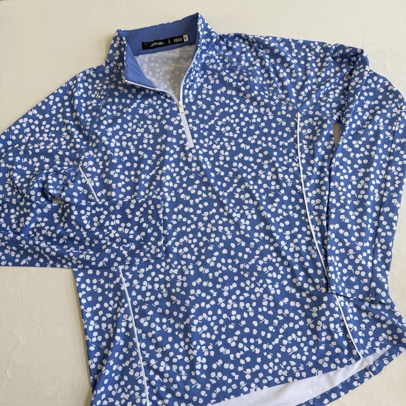RLX Golf Ralph Lauren Blue White Graphic 1/4 Zip Top LARGE UPF Womens Golf