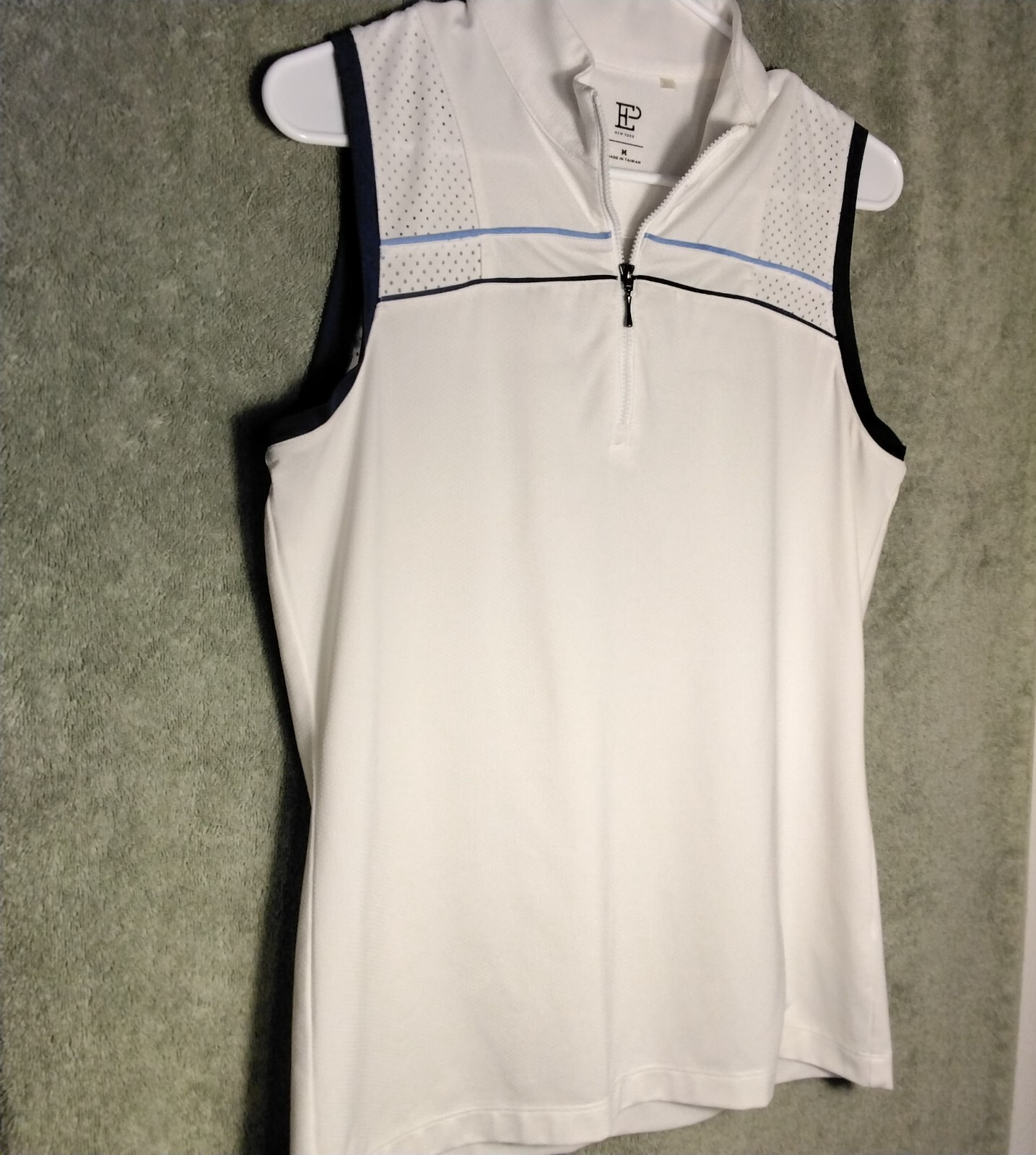 EP New York Active Sleeveless Shirt Womens Size M White Blue Zip Eyelet Panel