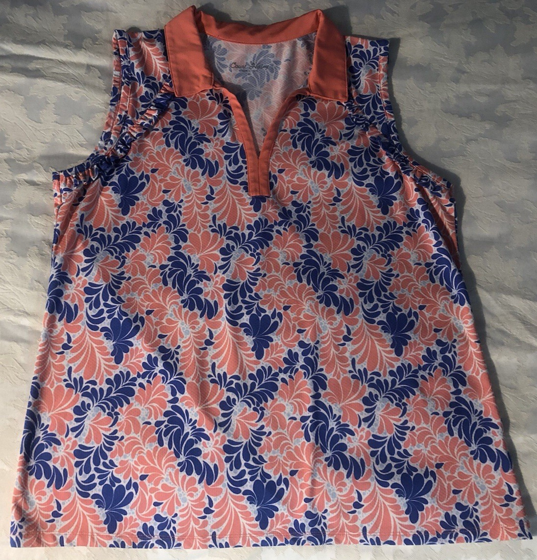 Court Haley Activewear Top Coral Blue Tropical Ruffle/Front Sleeveles Shirt Sz L