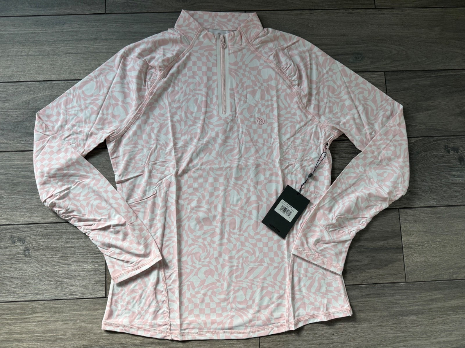 G/FORE WOMENS DISTORTED CHECK RUCHED 1/4 ZIP TOP, CAMEO PINK, NWT $160