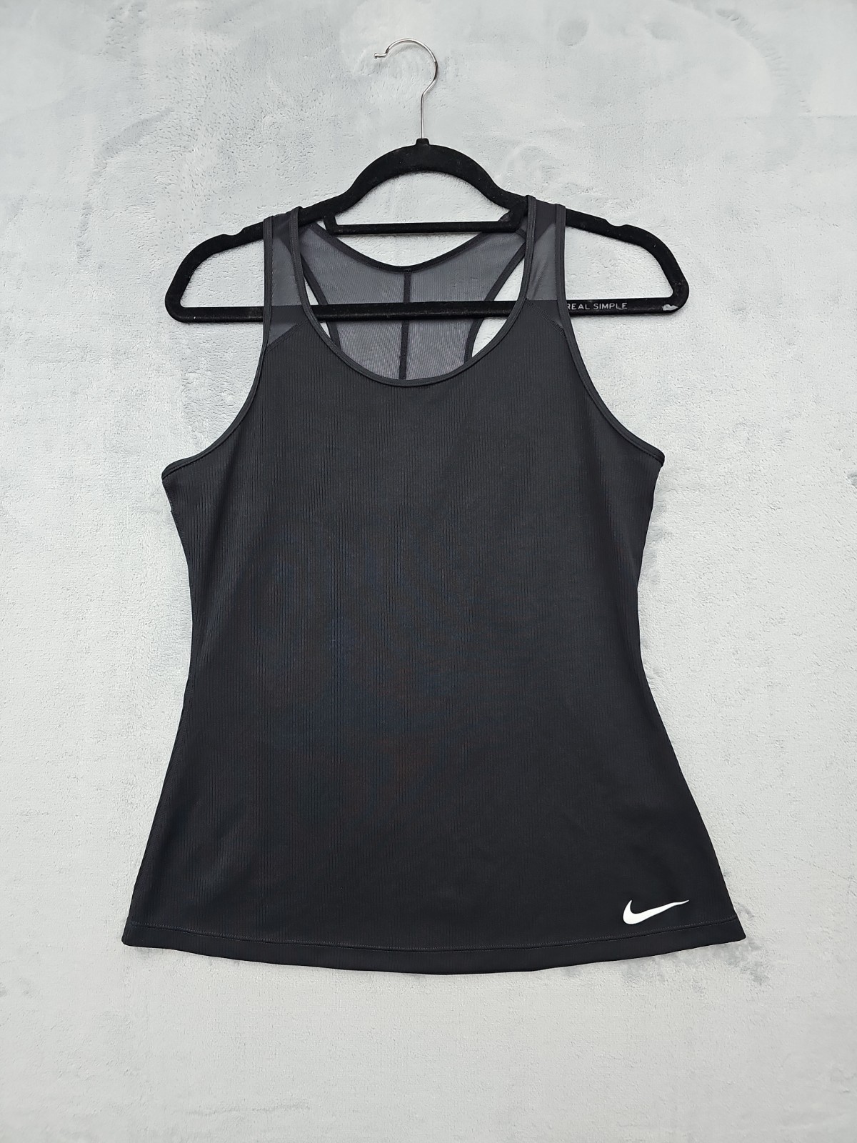 Nike Dri-Fit Razor Back Tank Top Black Womens Size M Mesh Accent White Check