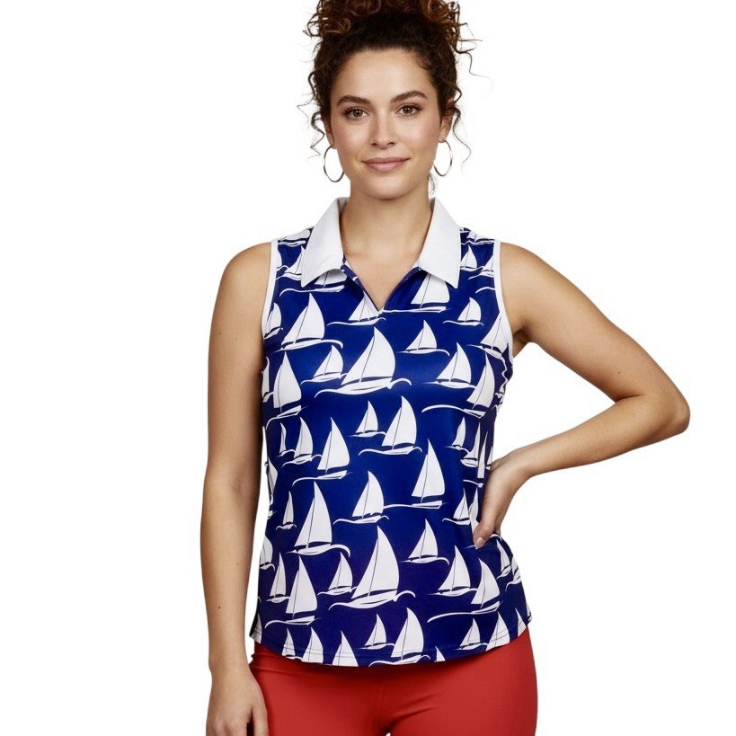 AnaClare Activewear Polo Golf Tennis Blue White Nautical Sailboat Print Top M