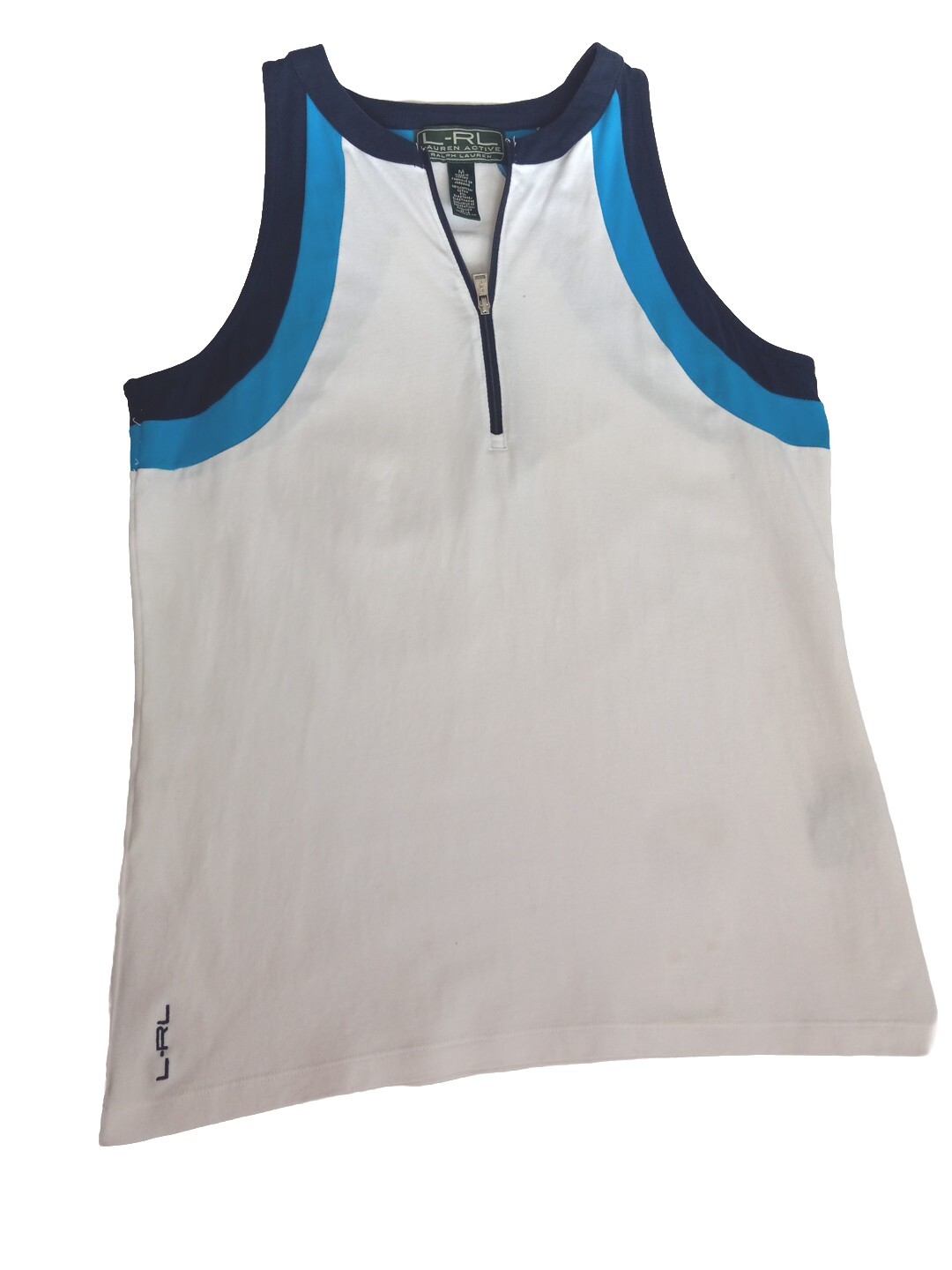 Ralph Lauren LRL Women’s Medium Active Fit Sleeveless Zip Blouse White Blue