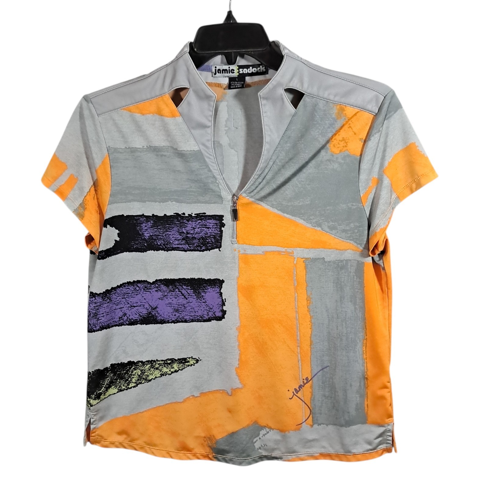 Jamie Sadock Short Sleeve Top Golf Shirt Women’s Large Zipper Abstract Tennis