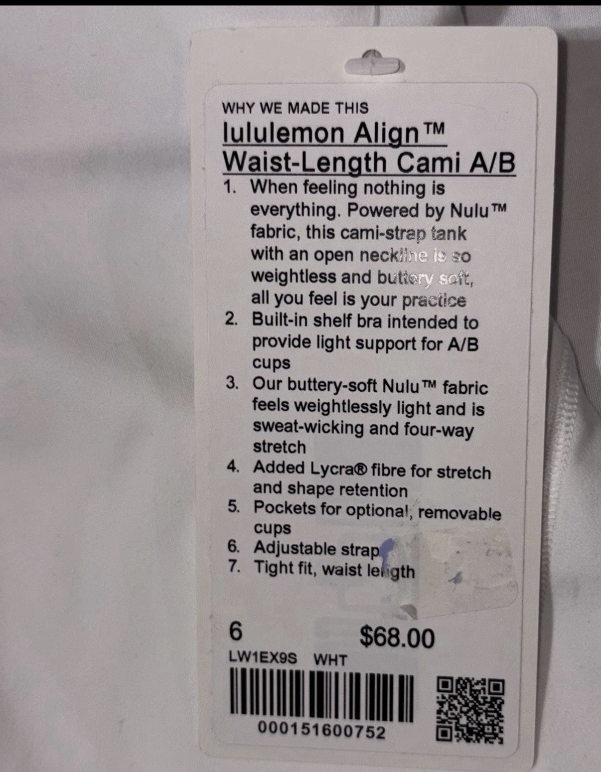 NWT☀️LULULEMON☀️SIZE 6☀️ALIGN WAIST LENGTH CAMI A/B☀️WHITE☀️LINED☀️AUTHENTIC $68