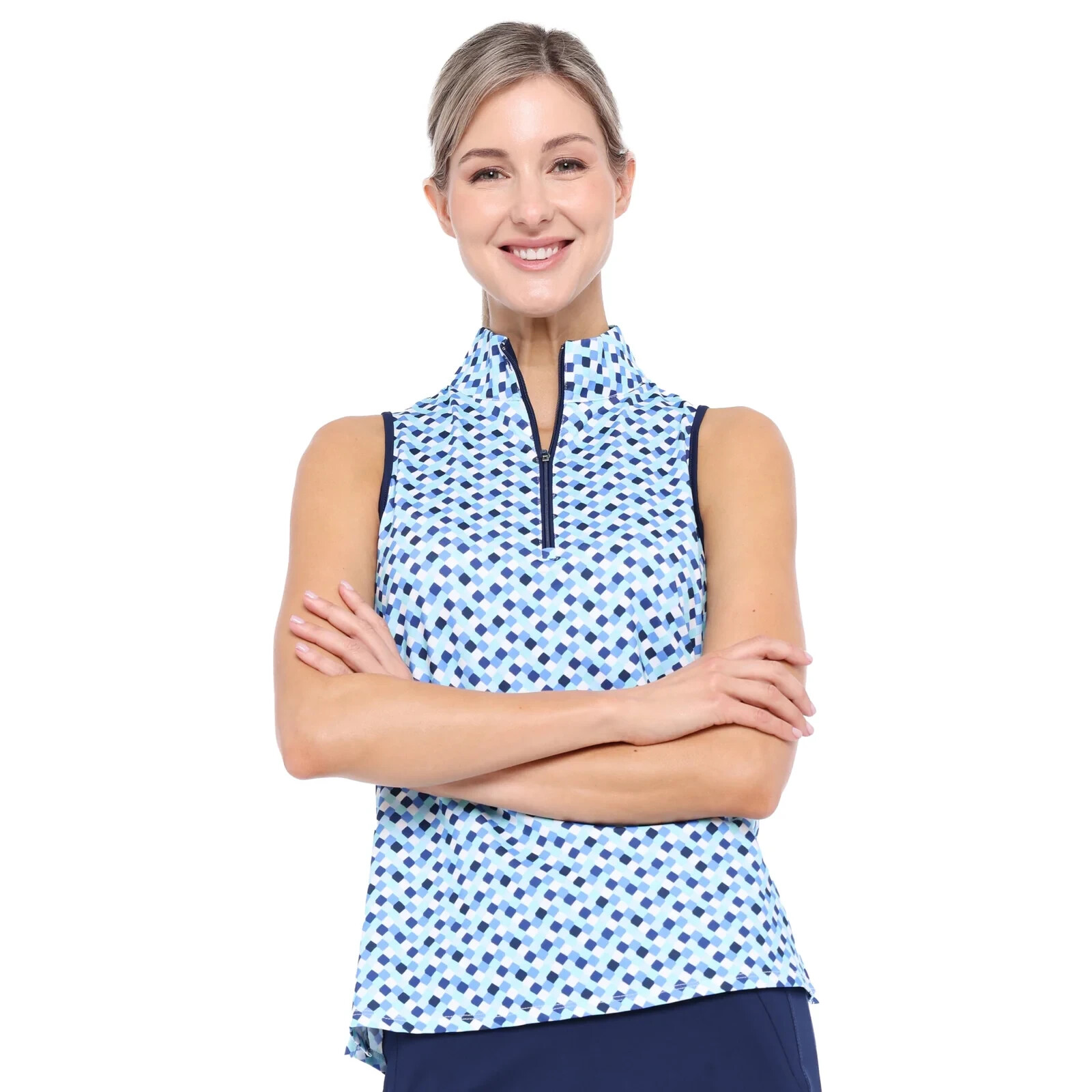 NWT BELYN KEY Blue Poolside Tile Cutaway Sleeveless Mock Golf Shirt XS S M L XL