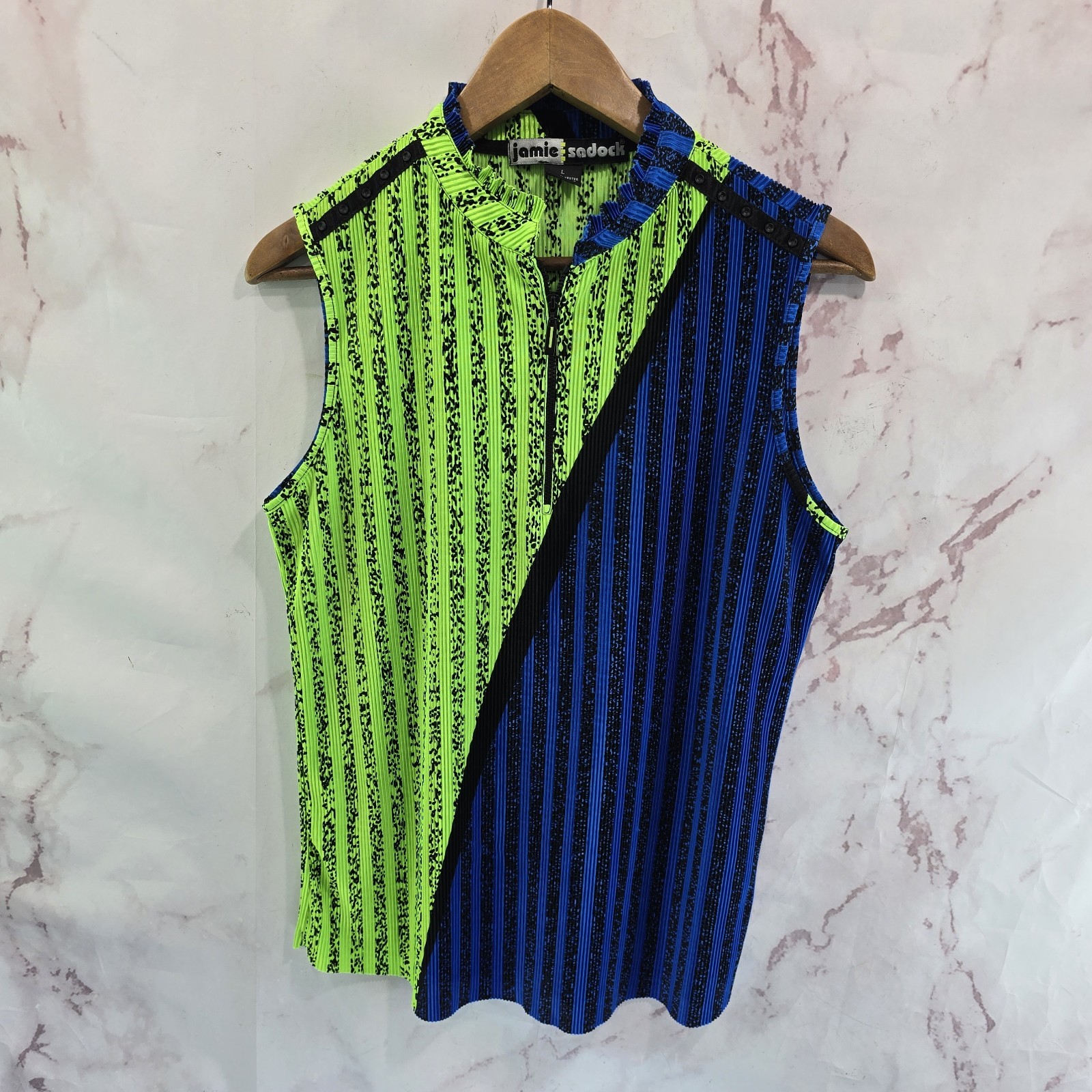 Jamie Sadock Shirt Womens Large Zip Blue Green Ripple Crinkle Textured Neon