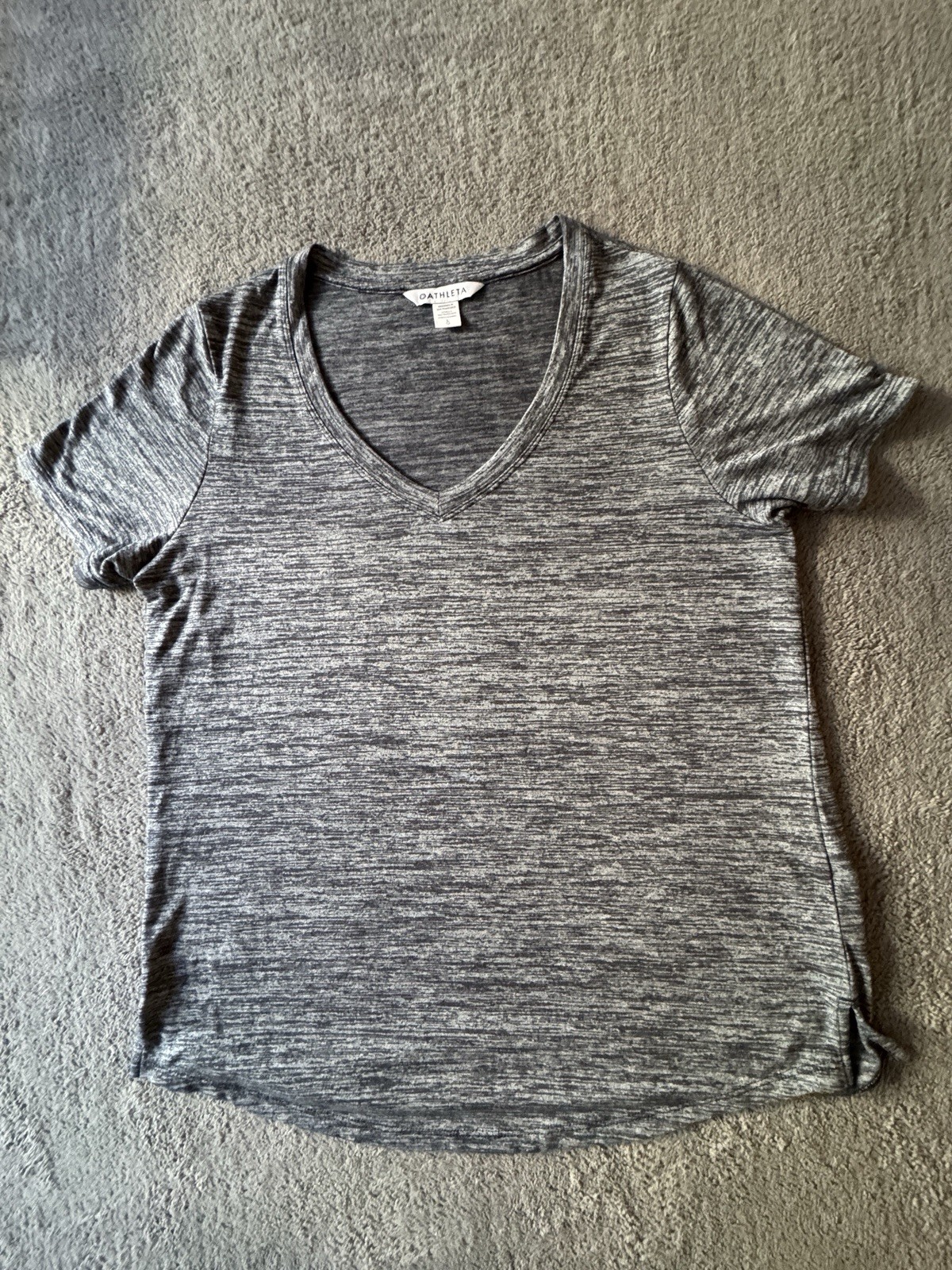 Athleta Womens L V-Neck Tee Heathered Gray Space Dye Short Sleeve Athletic Top