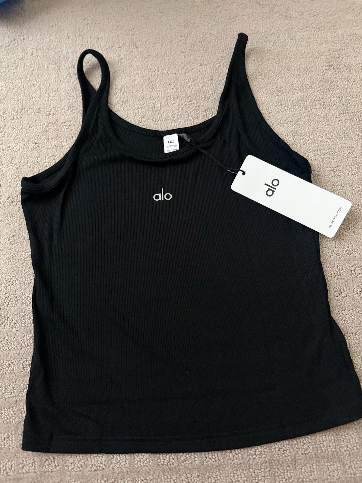 Alo Black Ribbed Camisole Tank Scoop Neck Spaghetti Strap Stretch Yoga M