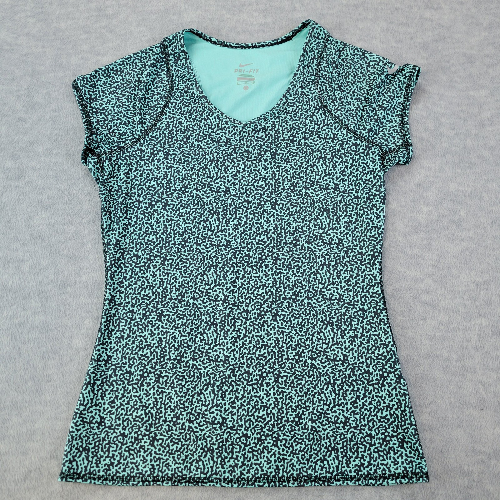Nike Dri Fit Shirt Cap Sleeve Teal/Black Print Performance Womens S