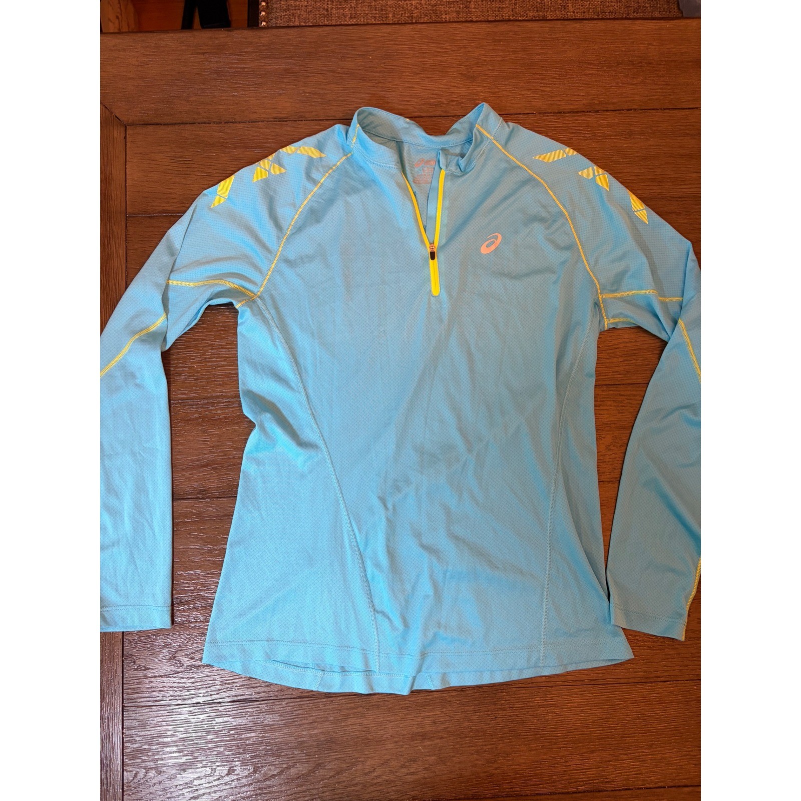 Asics Womens Quarter Zip Running Top Blue Neon Yellow Long Sleeve Graphic Large
