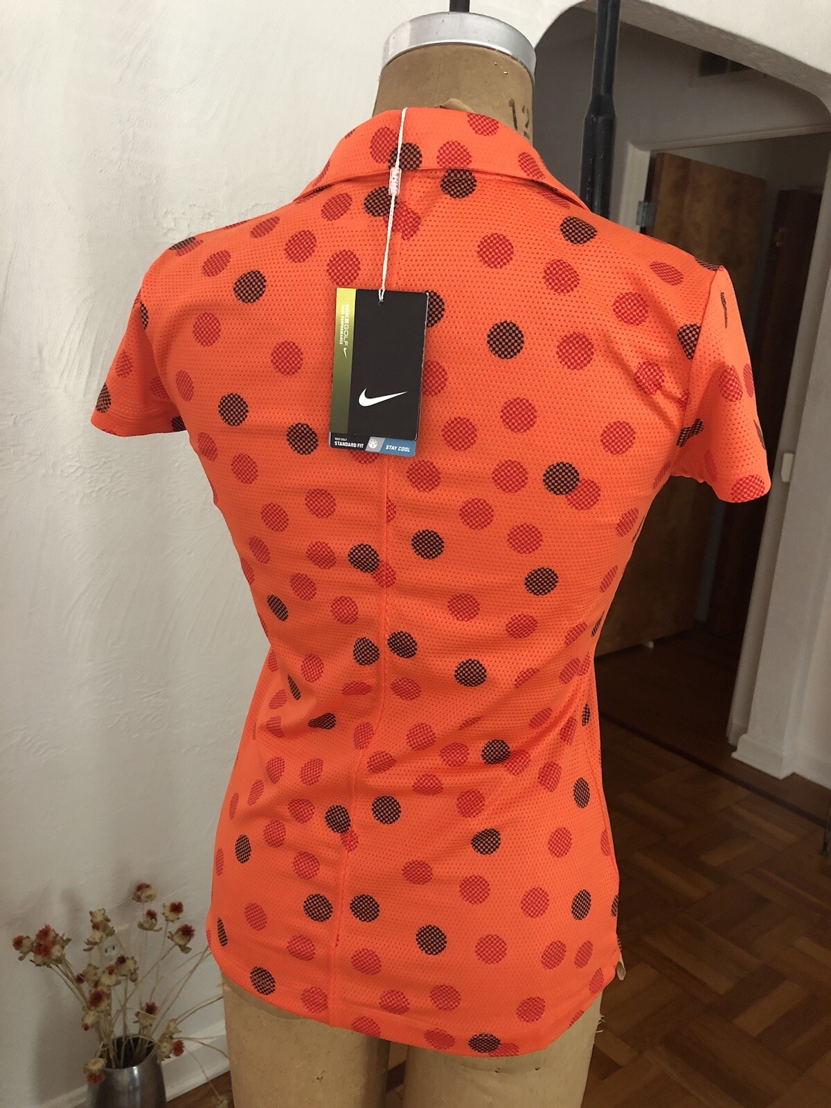NIKE Golf Tour Performance DRI-FIT Orange Large Pixel Polka Dot S/S Top XS NWT
