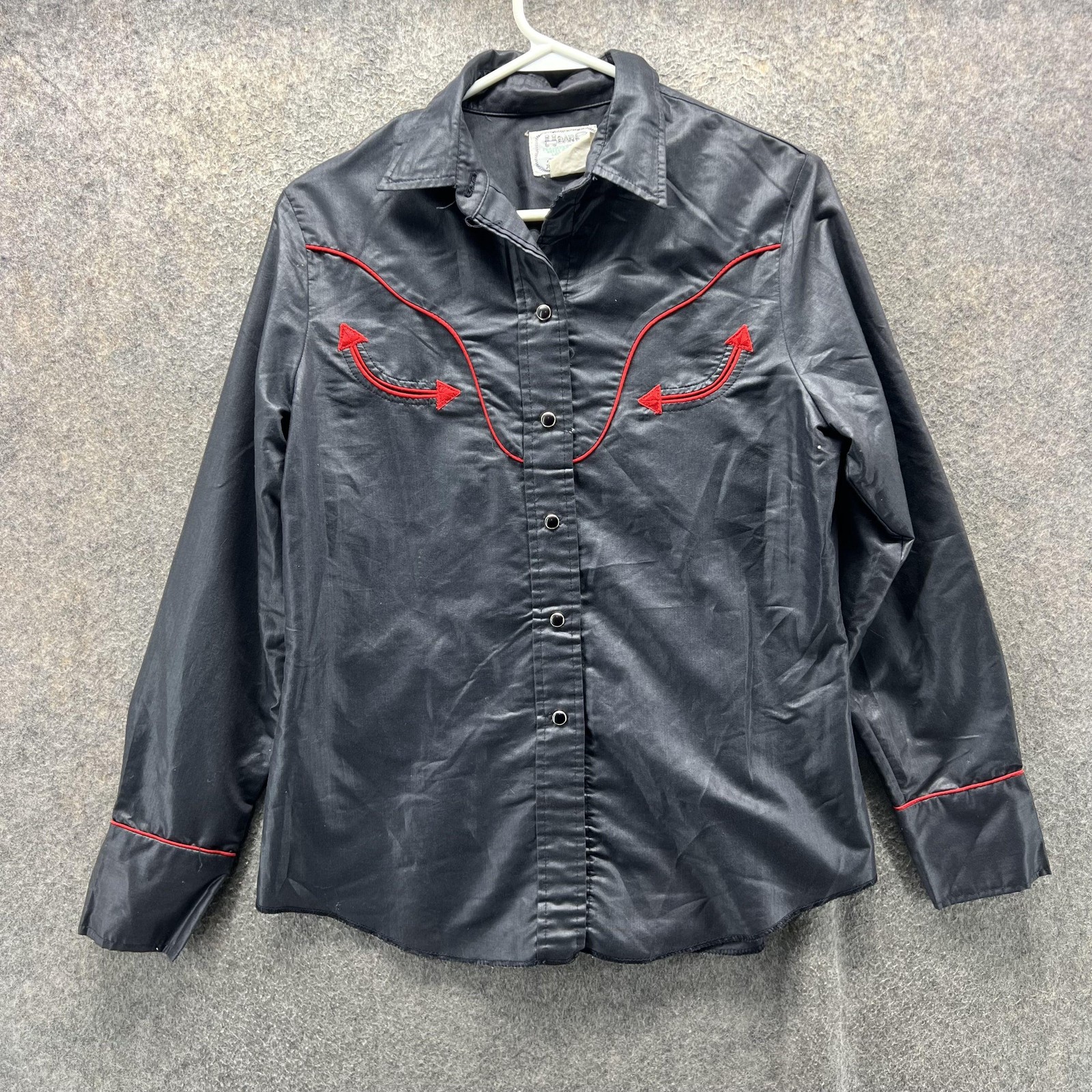 Vintage H Bar C Shirt Women 38 Black Western Snap Front Embroidered Arrows 70s