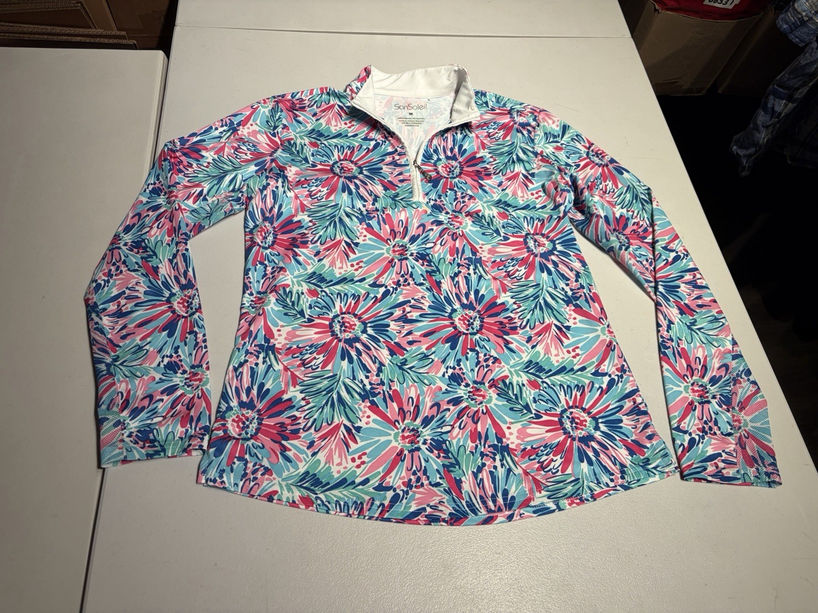 San Soleil Shirt Women’s Medium Floral Blue Pink Print 1/4 Zip Pullover UPF 50