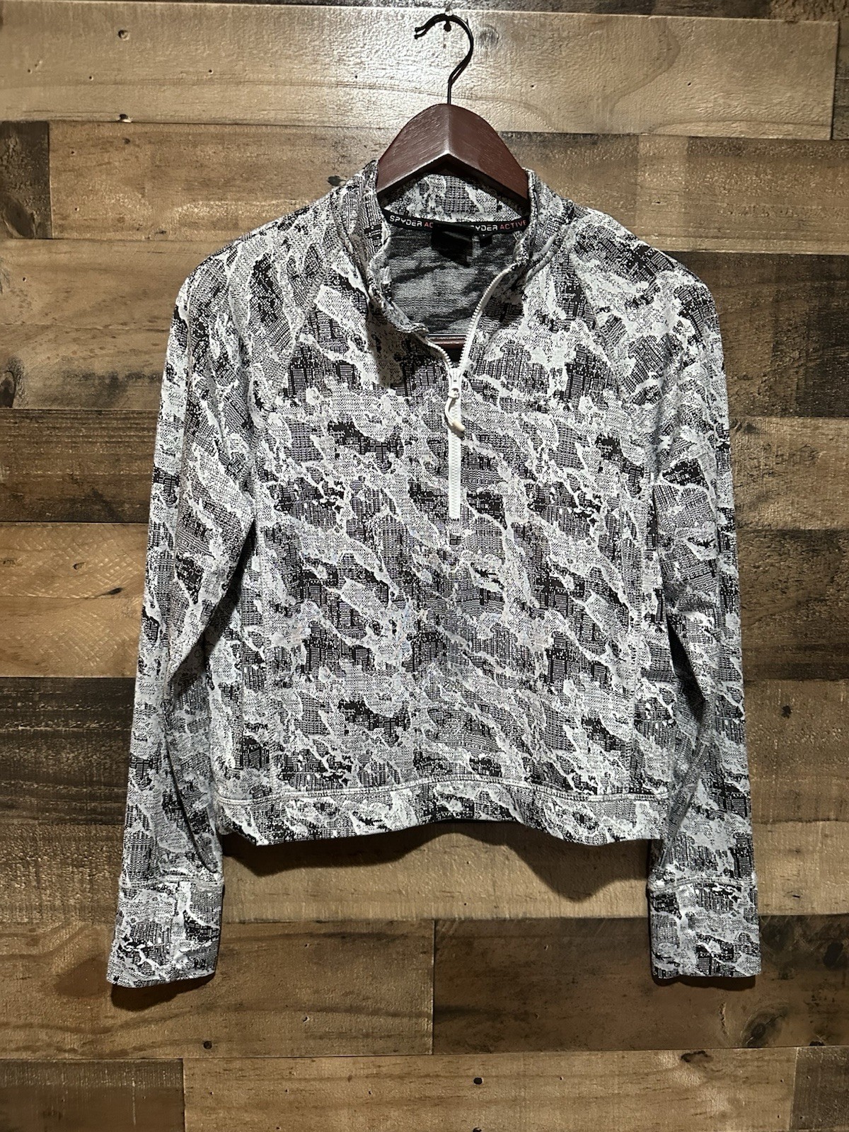 Spyder Pullover Womens Medium Gray Camo 1/4 Zip Mock Neck Long Sleeve Activewear