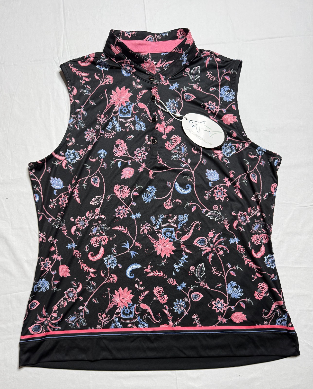 NWT WOMEN’S GREG NORMAN GOLF SHIRT – SIZE: X-LARGE – BLACK W/ BLU & PINK (M5.5)