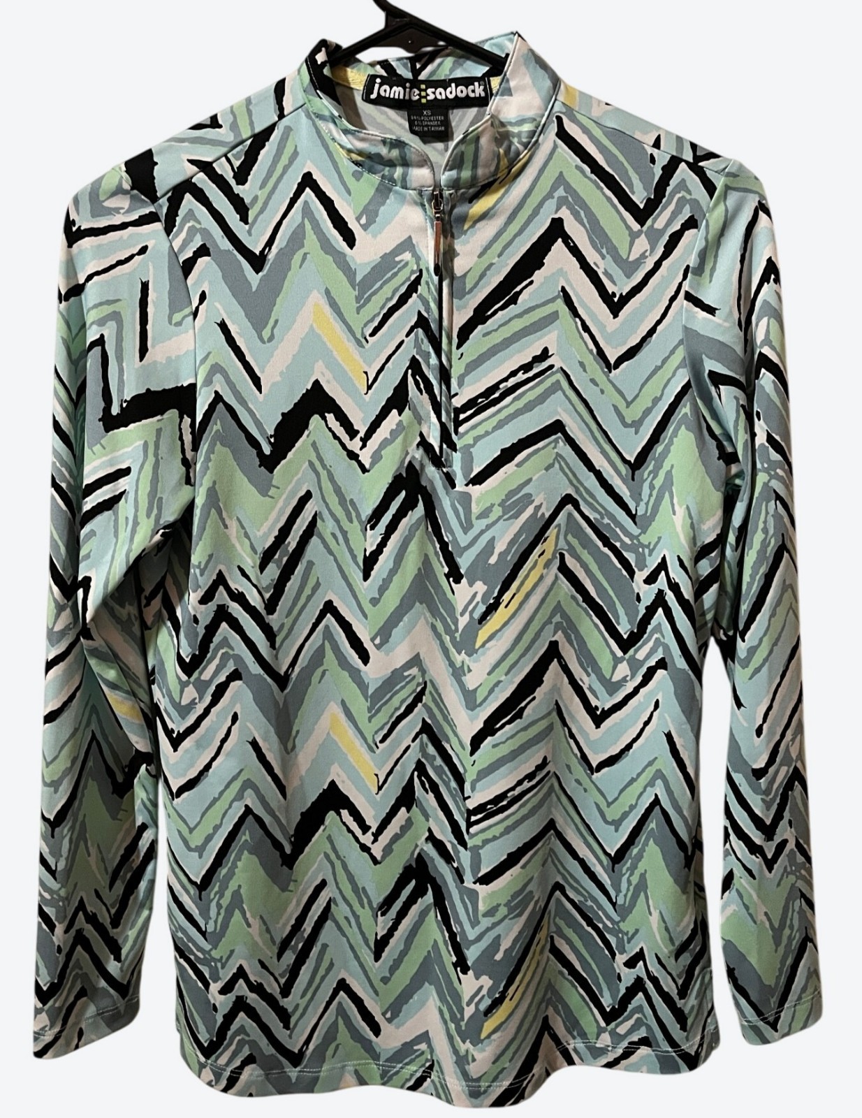 Jamie Sadock Women’s XS Long Sleeve 1/4 Zip Geometric Golf Top Blue Green Black