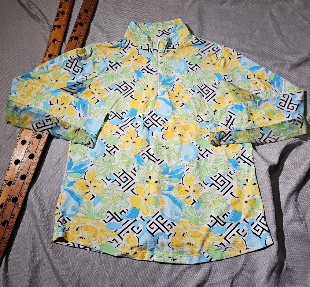 IBKUL Shirt Womens Large Blue Yellow Mesh UPF 50+ 1/4 Zip Floral Performance Top
