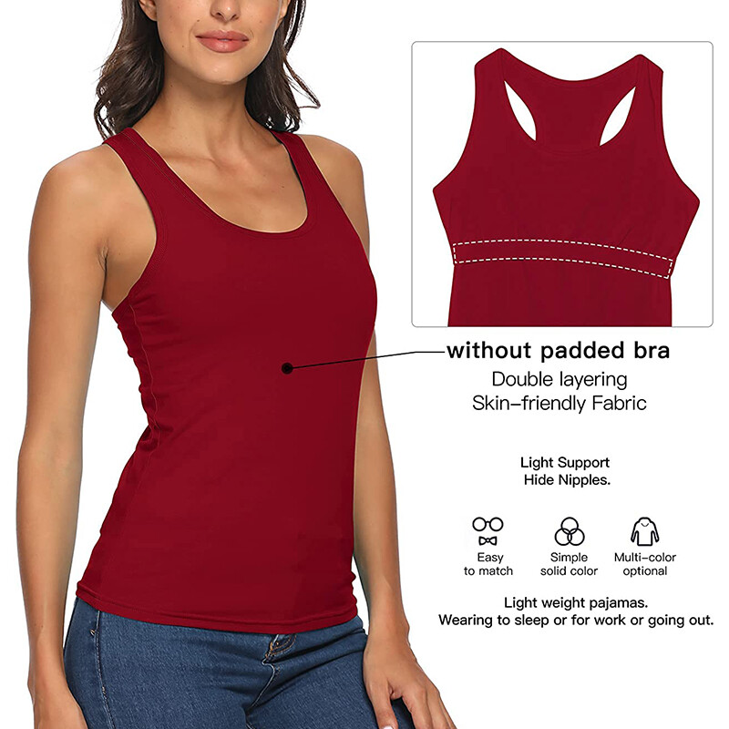 Women’s Solid Basic Scoop Neck Racerback Tank Top With Built in Shelf Bra Shirts