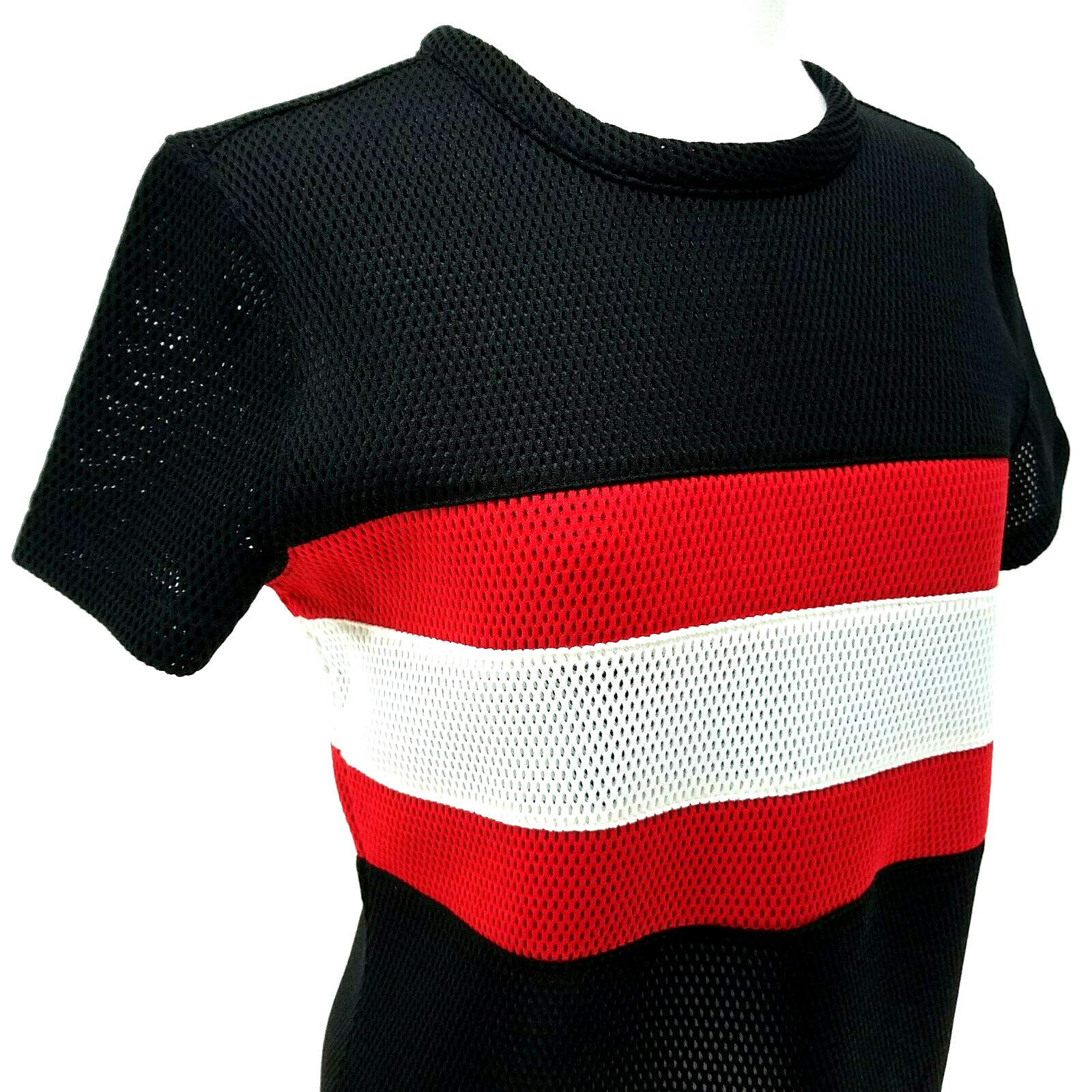 REEBOK Melody Ehsani Black Red White Stripe Mesh Top S/S Women’s S RARE~ VEUC! *