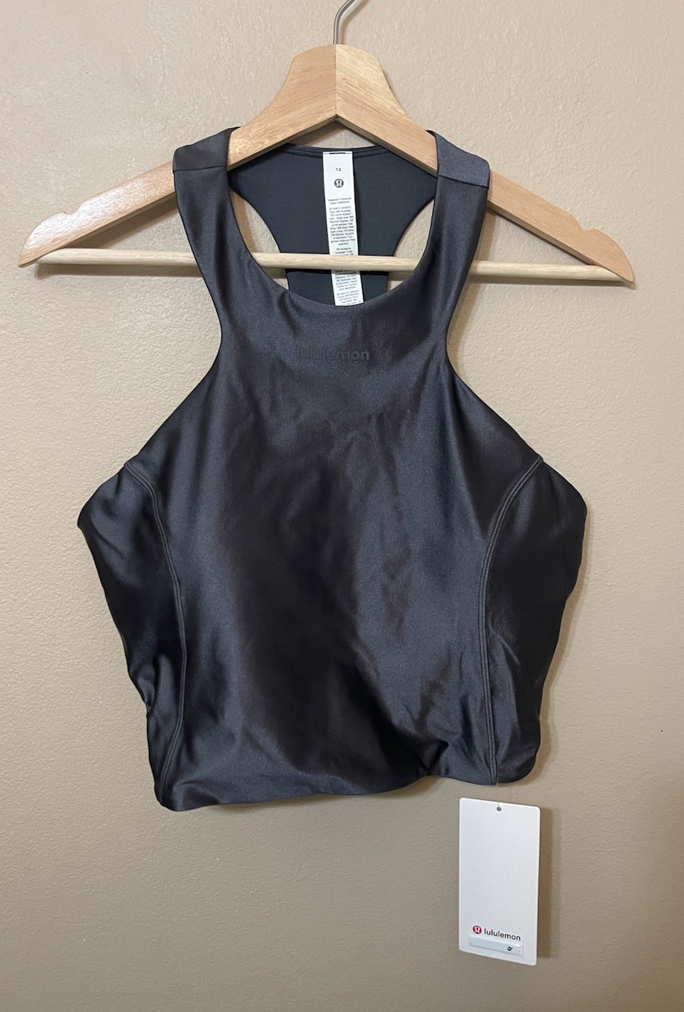Lululemon Satin Shine Tank Top, B/C Cup Wordmark, Logo,Size 12 Black $78 Retail