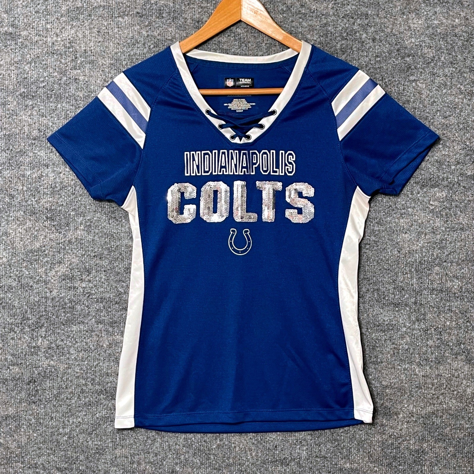 NFL Team Apparel Indianapolis Colts Sequin Lace Up Jersey Shirt Blue Womens S