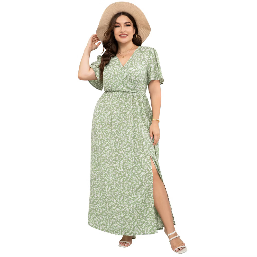 Women Floral Print V-Neck Maxi Dress with Short Sleeves Elastic Waist and