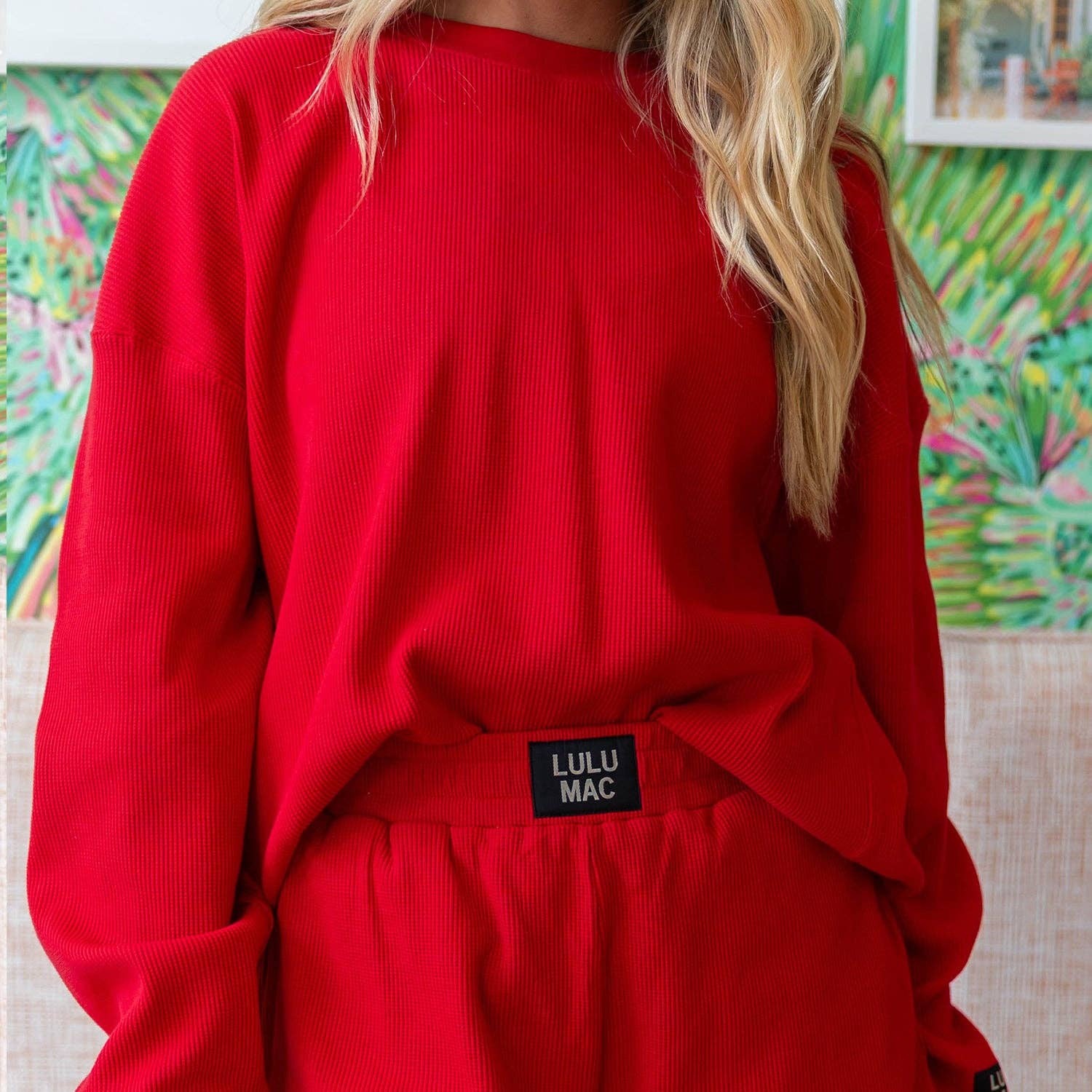 Lulu Mac Red Long Sleeve Waffle Knit Top