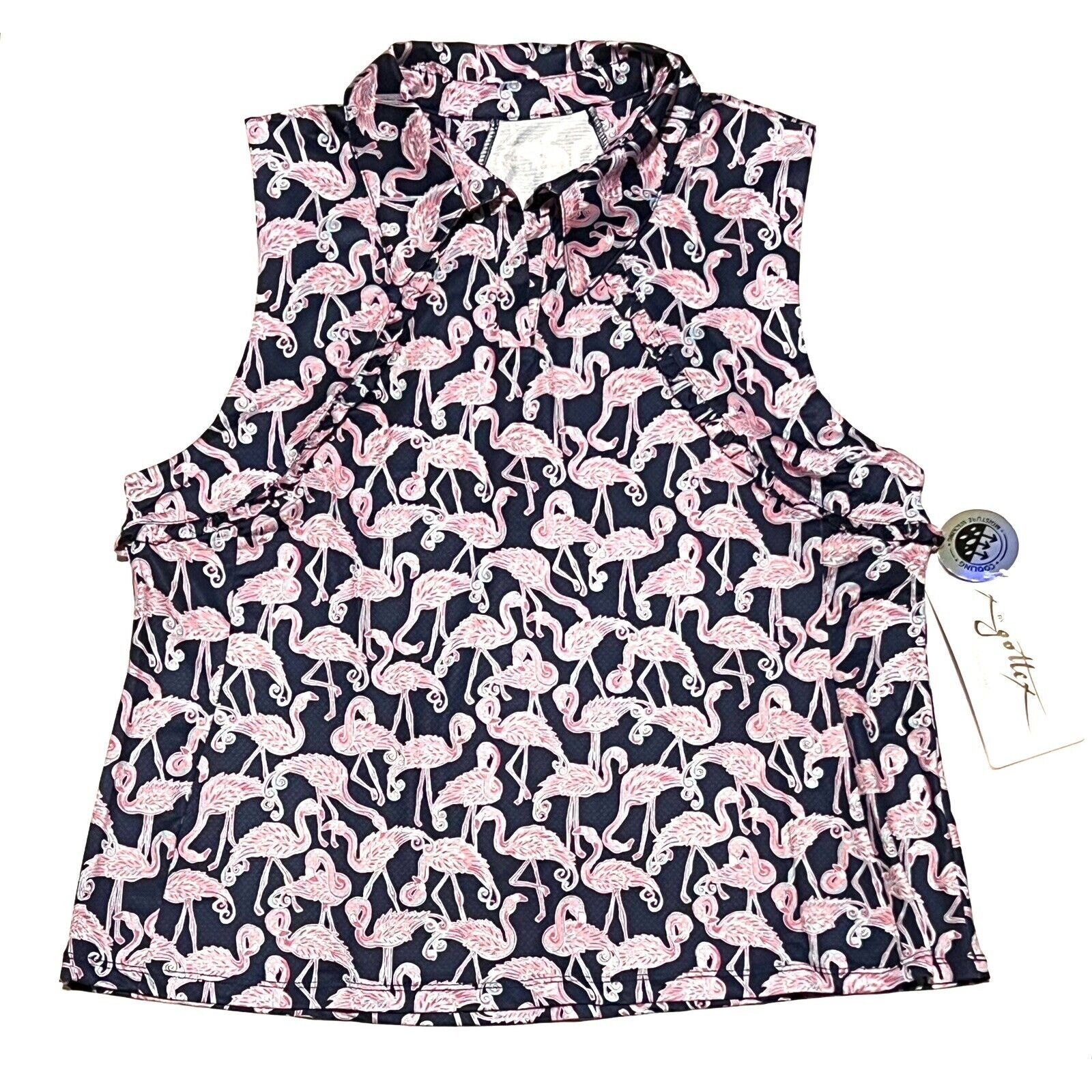Gottex XL Sleeveless Golf Tank Top Shirt Flamingo Tennis Navy Pink Ruffle Collar